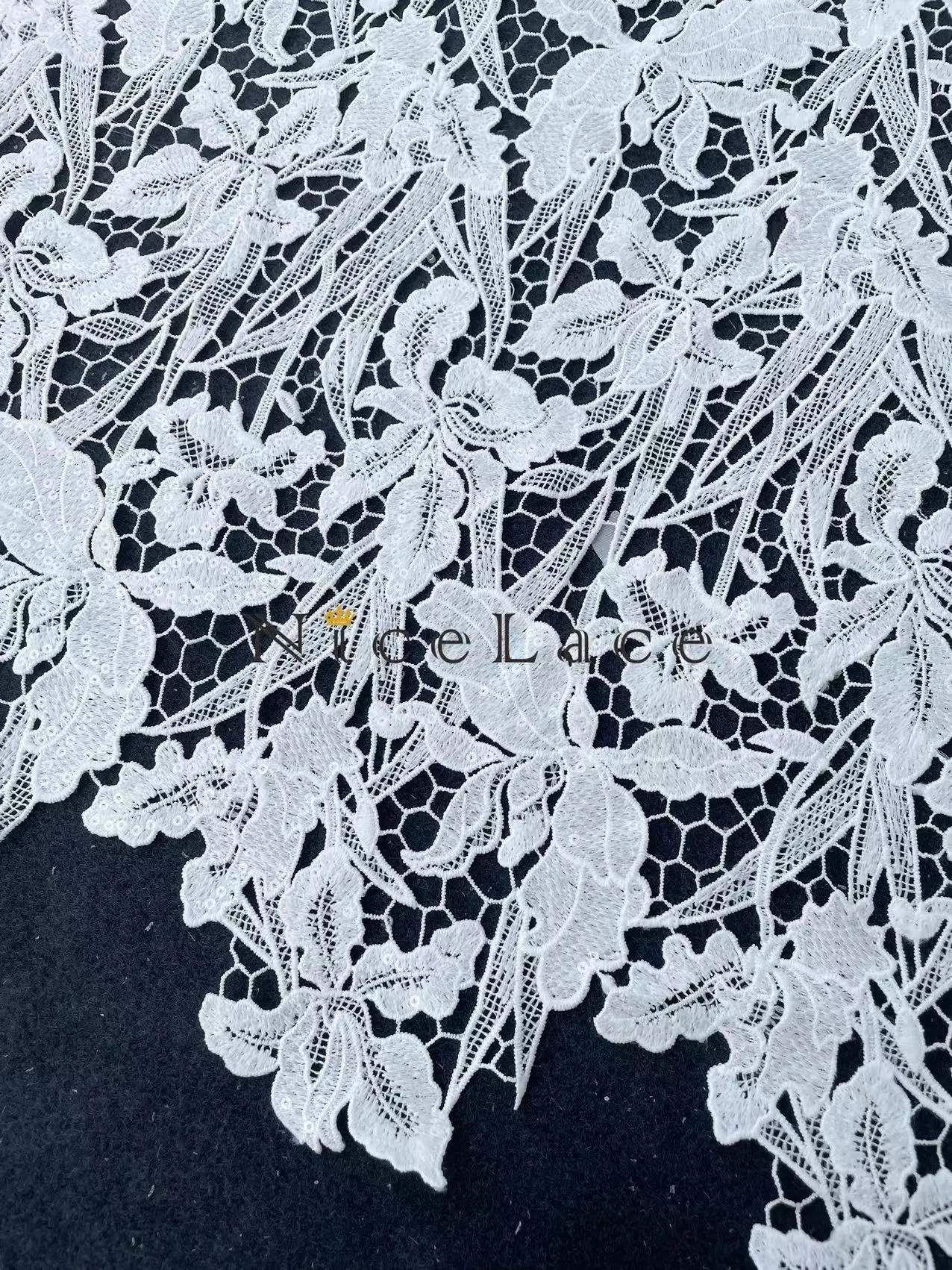 

lace fabric high quality 2024 Women Polyester Guipure Embroideried Lace Fabric with Shines equins For Wedding Dress Width 120CM