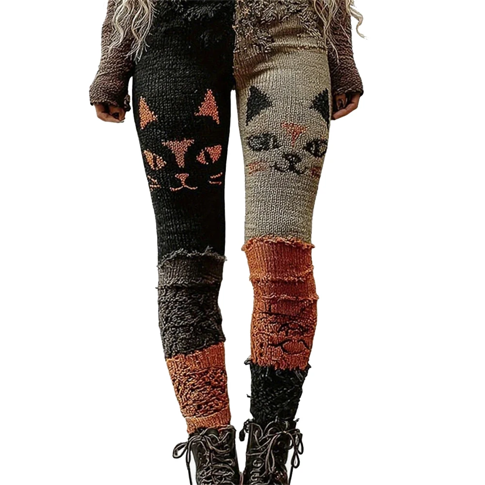 

Вязаные леггинсы в стиле Хэллоуина с принтом кошачьего лица, женские уютные вязаные эластичные узкие брюки, женская одежда