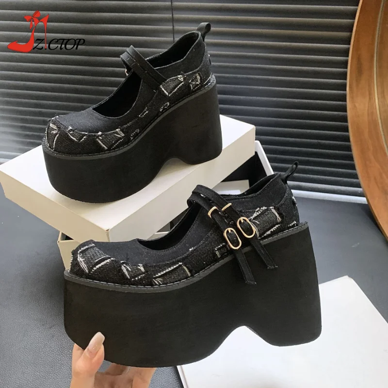 Chunky Platform Women Pumps Spring Autumn New Mary Jane Super High Heels Denim Round Toe Wedges Lolita Gothic Shoes