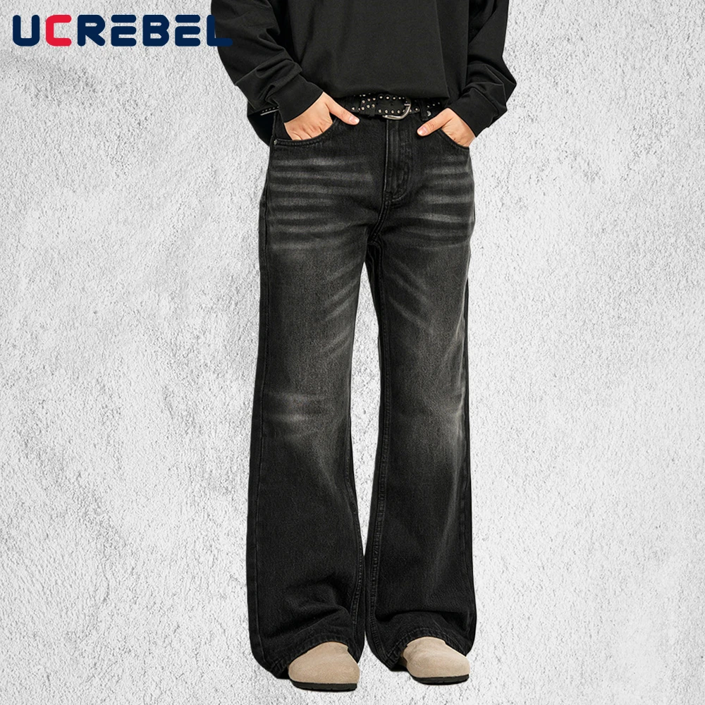 

Потертые потертые темные джинсы, мужские карманные ретро уличные мешковатые прямые джинсовые брюки Bootcut, мужские