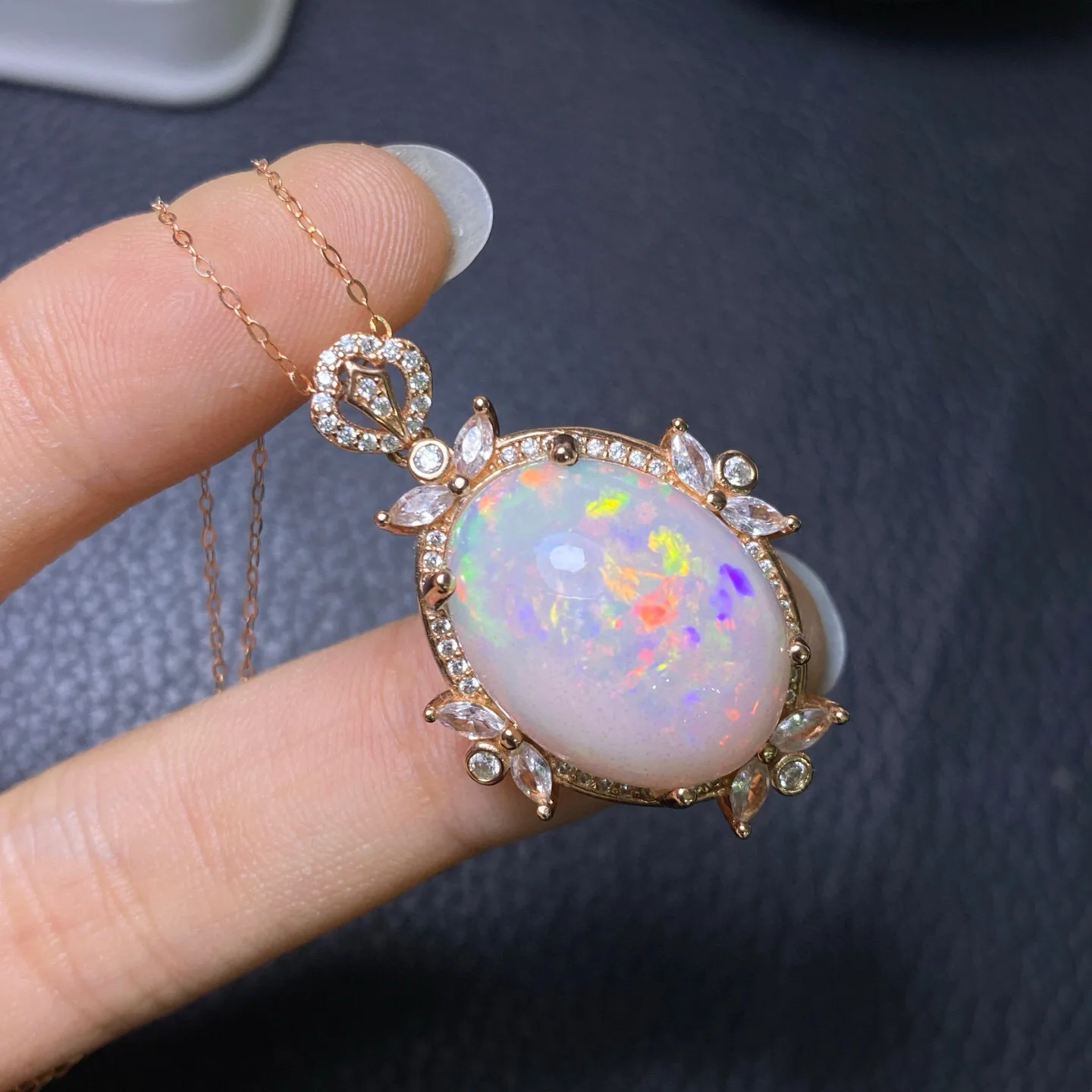 Large Natural Opal Pendant Necklace S925 Silver Rose Gold Plated Oval 15*20mm Marquise Zircon Vintage Women Jewelry Gift