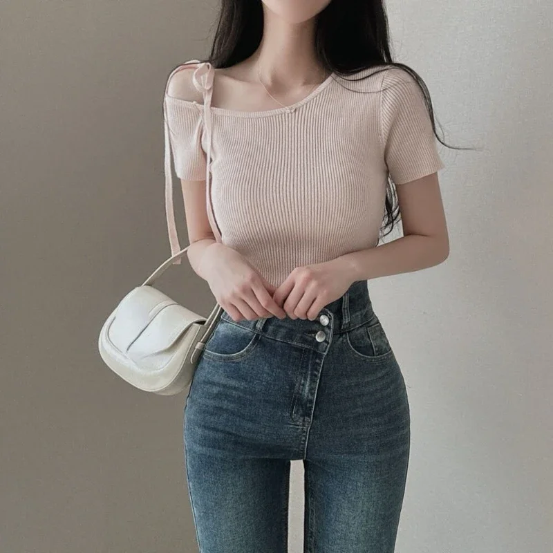 Feminino Sexy Off Shoulder Ropa Mujer Short Sleeve Camisetas Lace-up Bow Women 2024 Tops Summer T Shirt Korean Elegant Tees