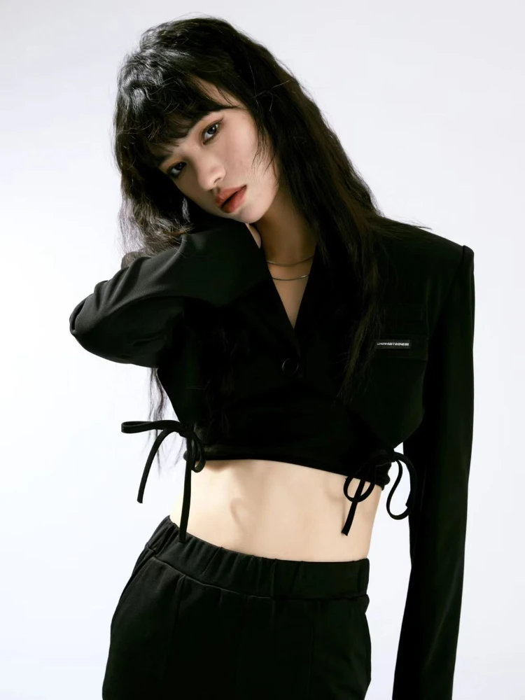 Bléiser corto negro para mujer, ropa de calle con muescas, estilo minimalista, para oficina, Y2k, Primavera