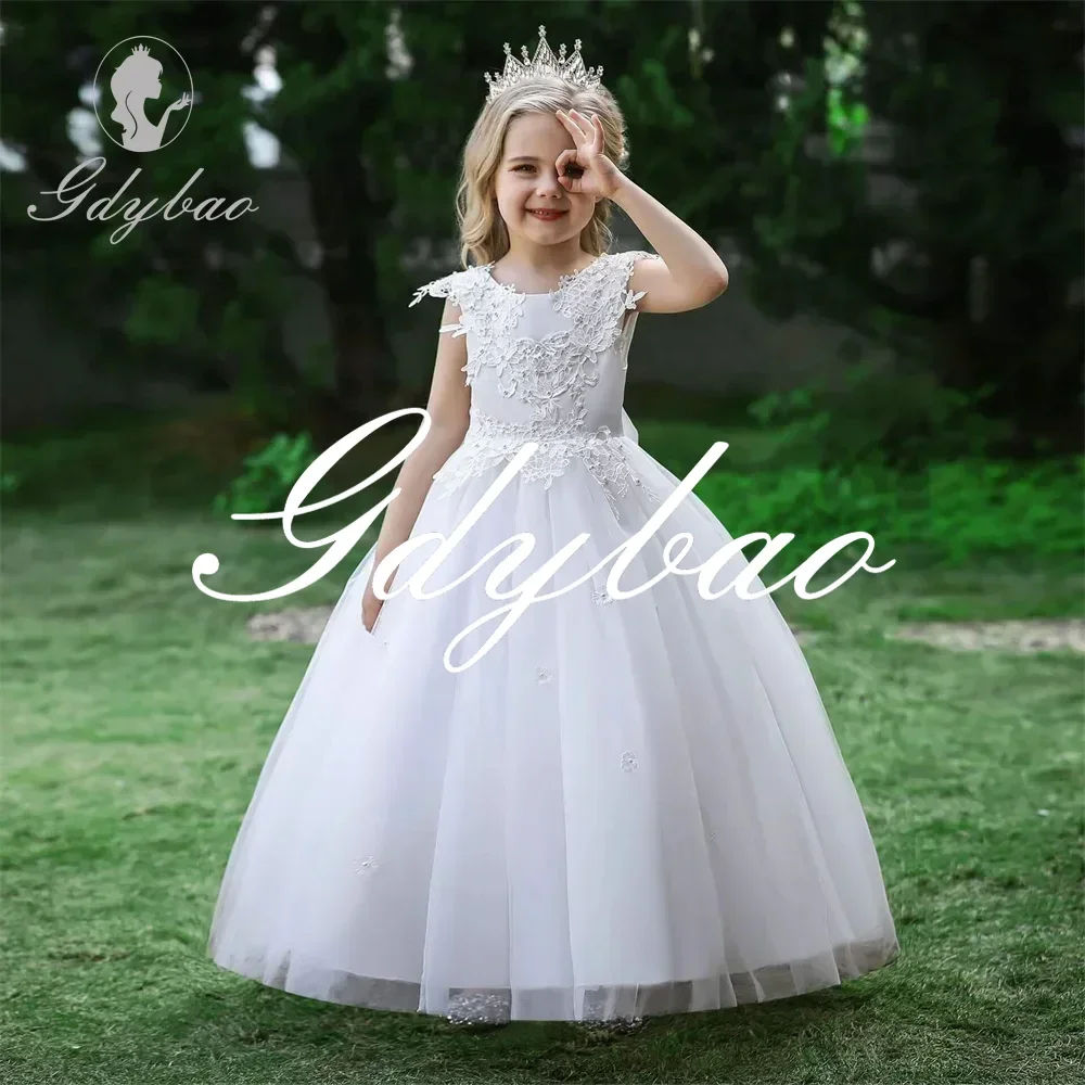 

Appliques O Neck Lace A Line Formal Long Ball Flower Girl Dresses Bow Backless Floor Length Sweep Train Pleat Communion Gown