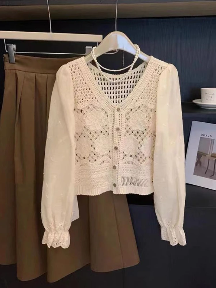 Cardigan donna Pure Tender Hollow Out Knit autunno Basic Harajuku manica lunga studentessa coreana Mujer semplice stile retrò dolce