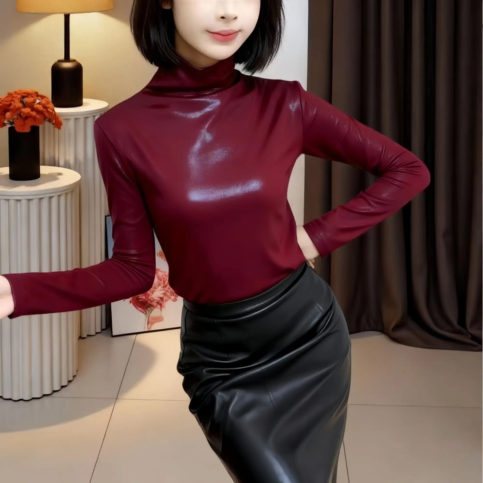 Bittere Winterwärme 2025, weiches Hemd mit Paillettenboden, schmale Passform mit Rollkragen, samtverdickte Lederjacke innen