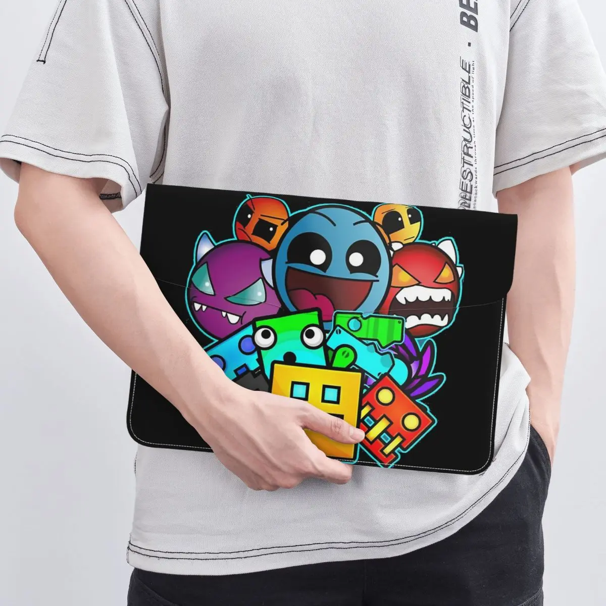 Geometry Dash Game Music Cute Geometric PU Leather Horizontal Laptop Sleeve Shockproof Soft Lining Notebook Case 13 Inch