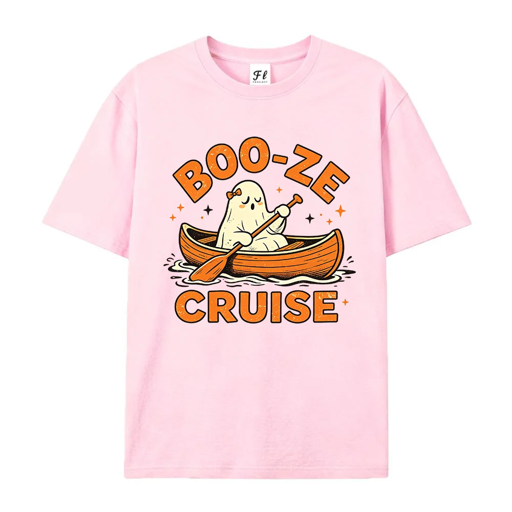 WomenCute Halloween Ghost BOOZE CRUISE Graphic T Shirt Oversized Short Sleeve Cotton Summer Casual Loose Pink Harajuku Tops