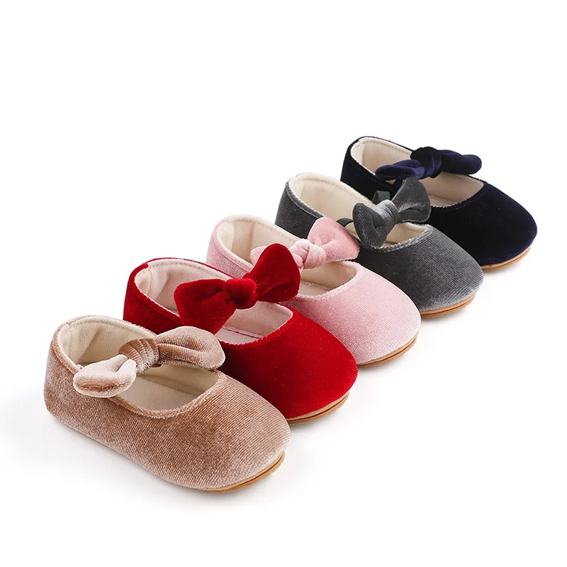 Newborn Baby Shoes Baby Boy Girl Shoes Girl Classic Bowknot Rubber Sole Anti-slip Dress Shoes First Walker Toddler Crib Shoes