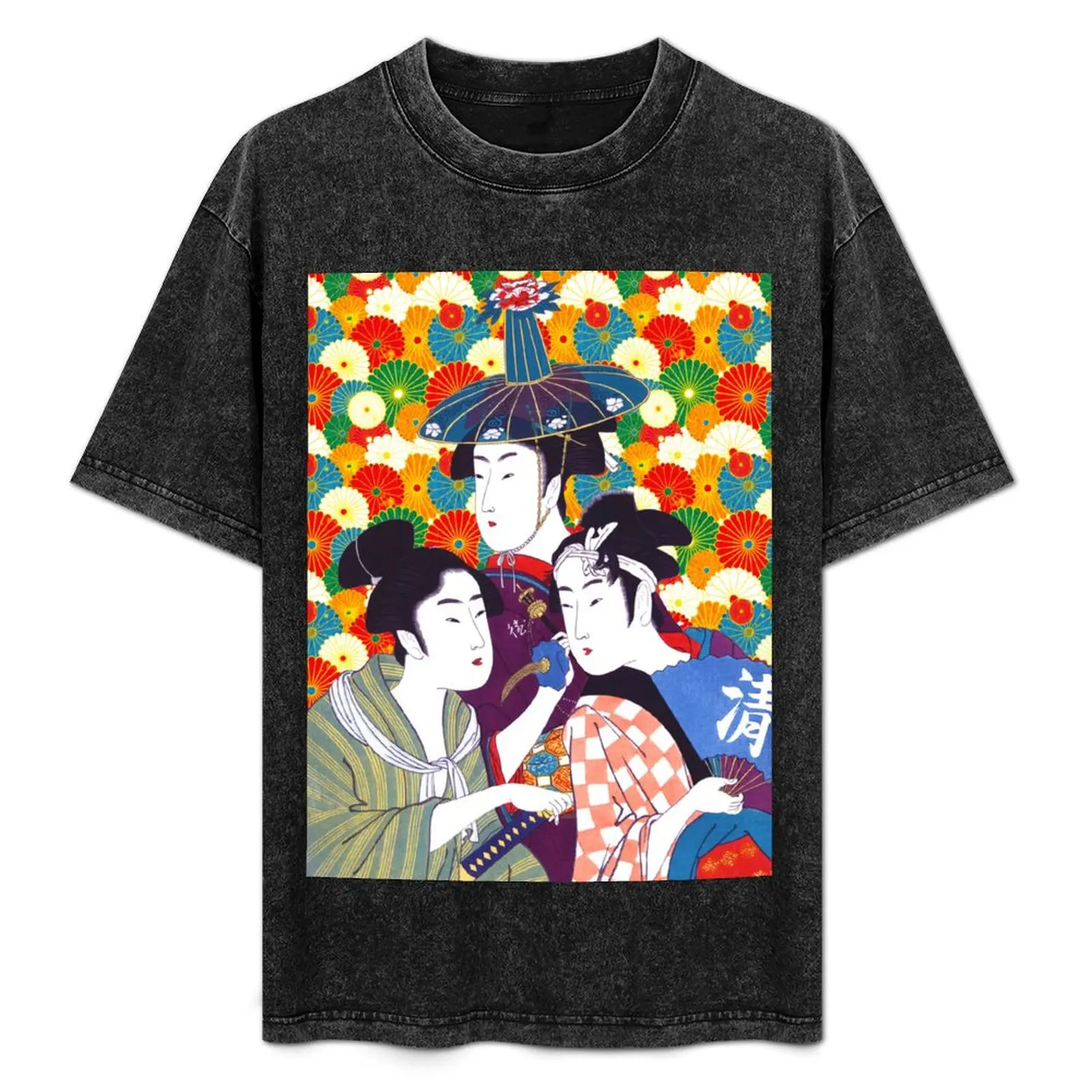 Geisha, Three Young Men or Women, Restored Antique Ukiyo-e Color Japanese Woodblock Print by Utamaro Kitagawa T-Shirt