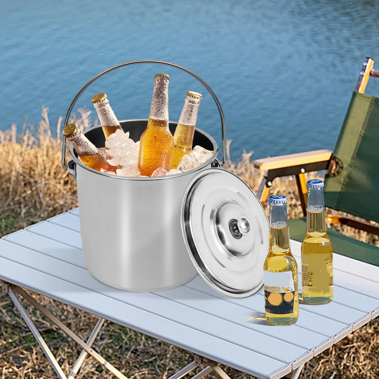 12 Liters Stainless Steel Bucket Large Bucket Storage Can Ice Bucket for Catering Kitchen, Household with Lid