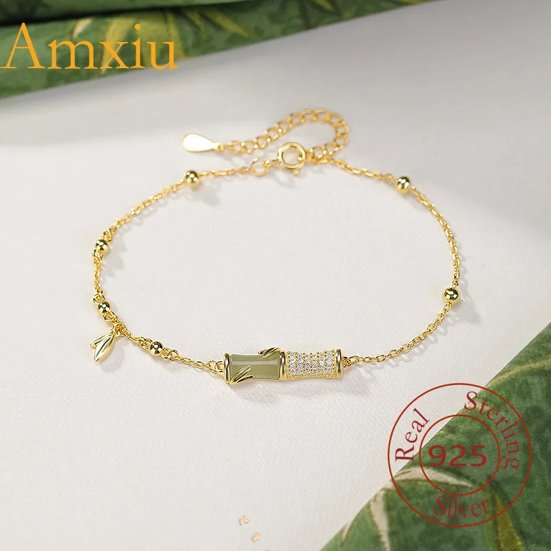 

Браслет Amxiu из стерлингового серебра 925 пробы с позолотой из натурального нефрита Хэтянь Цин, новый китайский стиль, бамбуковый узел, универсальные женские украшения