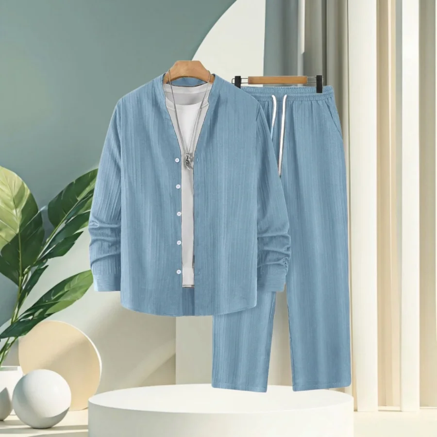

Men's Spring/Summer Casual Breathable Two-Piece Set - V-neck Long-Sleeved Buttoned Shirt with Drawstring Waist Pants Set