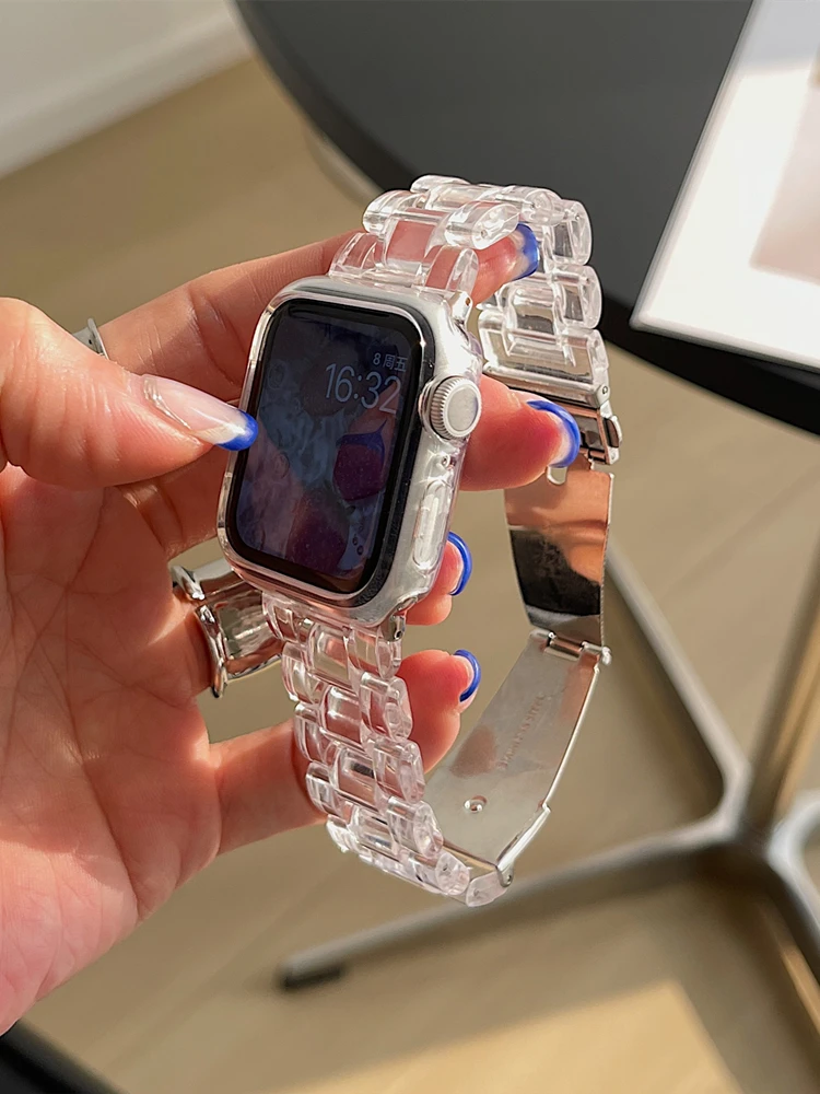 Koreańska plastikowa przezroczysta opaska z żywicy do Apple Watch Ultra 49mm 7 8 41 45mm 40 38mm 42 44mm dziewczęca bransoletka pasek do iWatch 6 SE 5 4 3