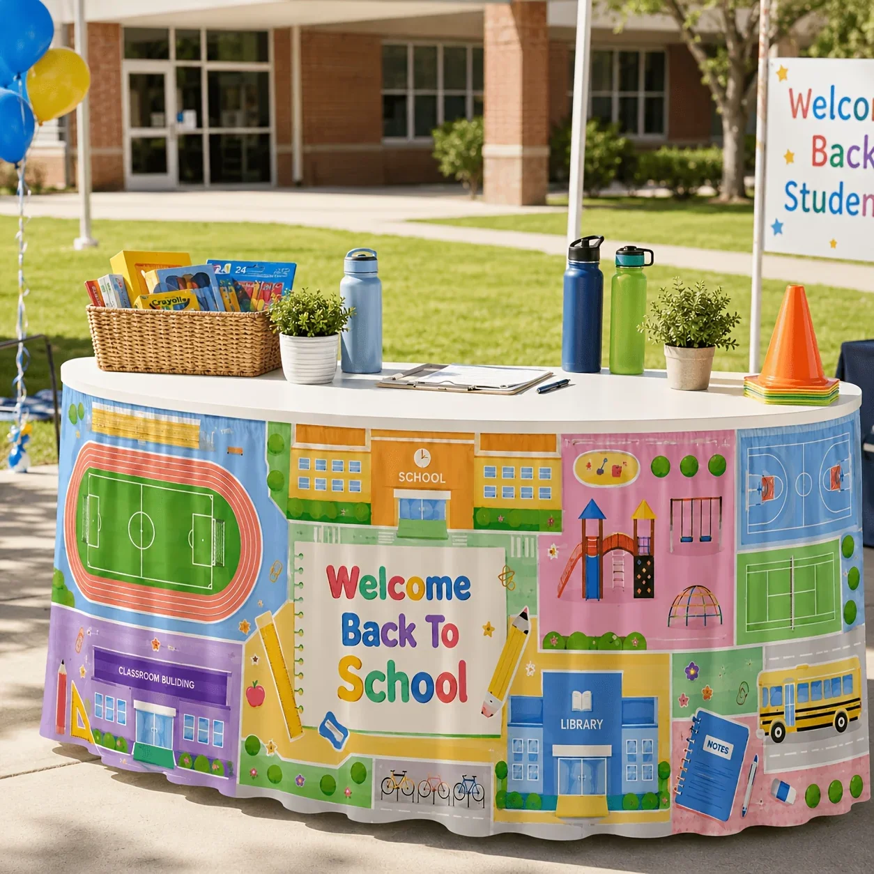 Tablecloth/ Tablecloth Skirt 1 piece  Polyester  Welcome Back to School  Campus Buildings  Playgro  Sports Field
