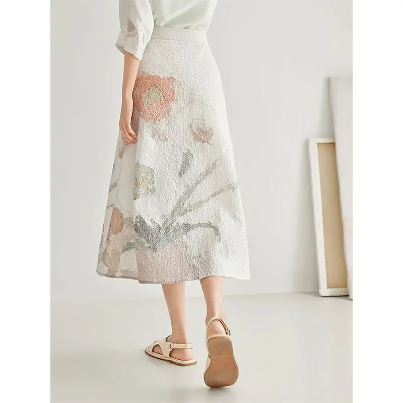 Temperamen Vintage Luxury Summer Women's Printing Elastic Waist Button Fashion Casual All-match Slim Mid-length A-LINE Skirts