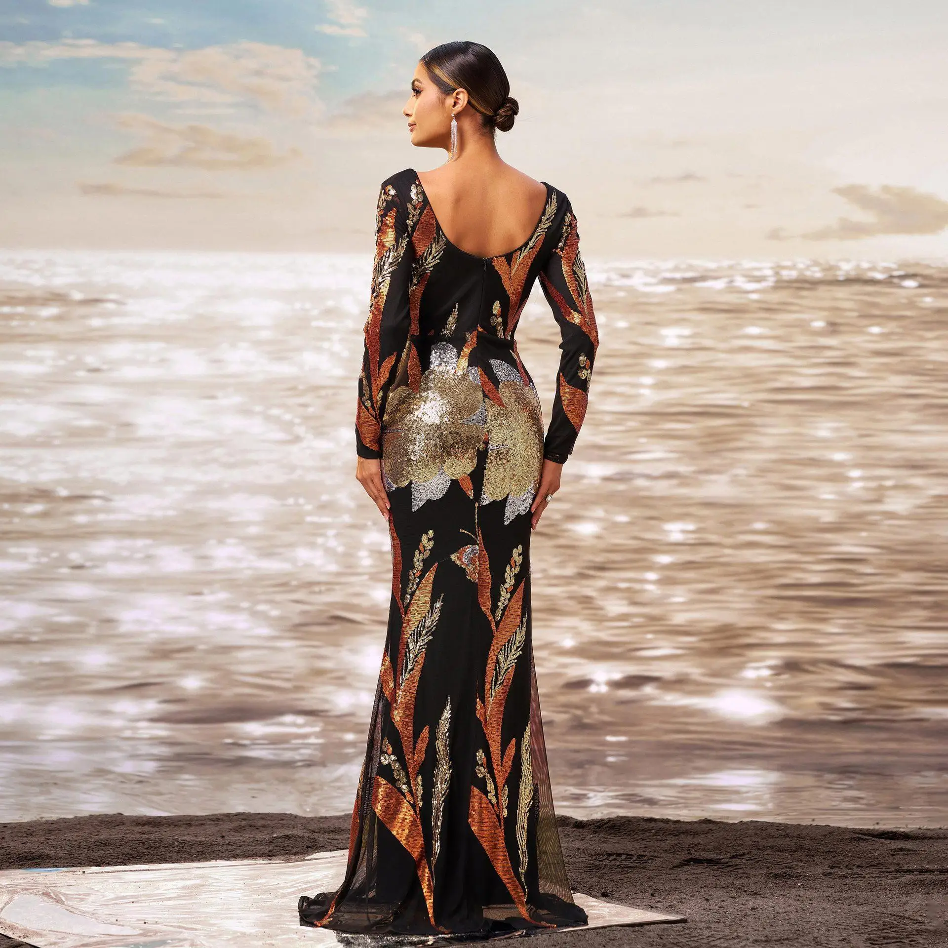 Robe de soirée longue Sve v-ne coupe ajustée moulante paillettes Fi queue Dr Ball Dr Commute Sle taille haute t-shirt fibre d'acétate