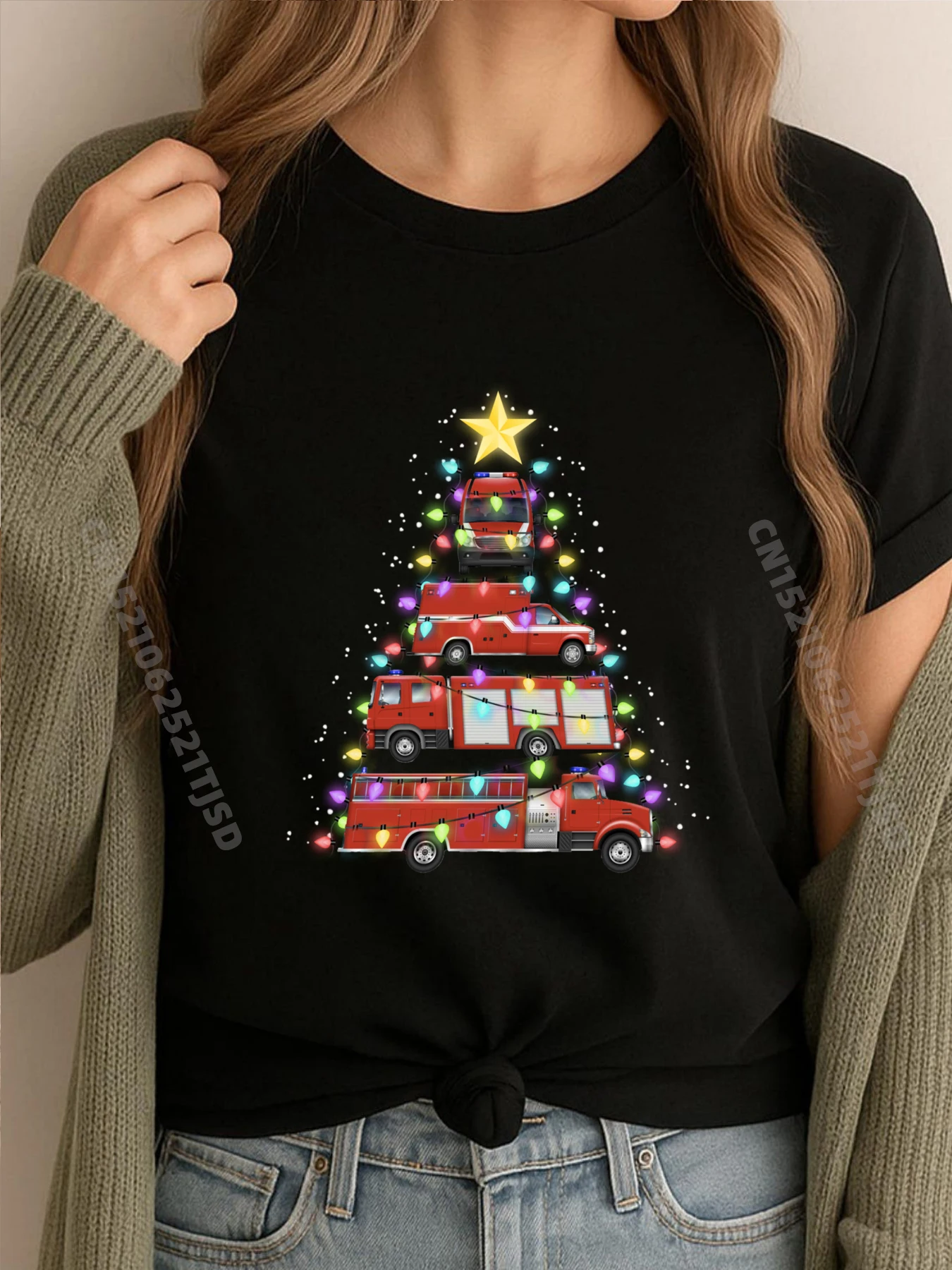 

Пожарный Пожарная машина Рождественская елка Санта-Рождество Светлые простые футболки Оптовая продажа Весенние оригинальные мужские футболки