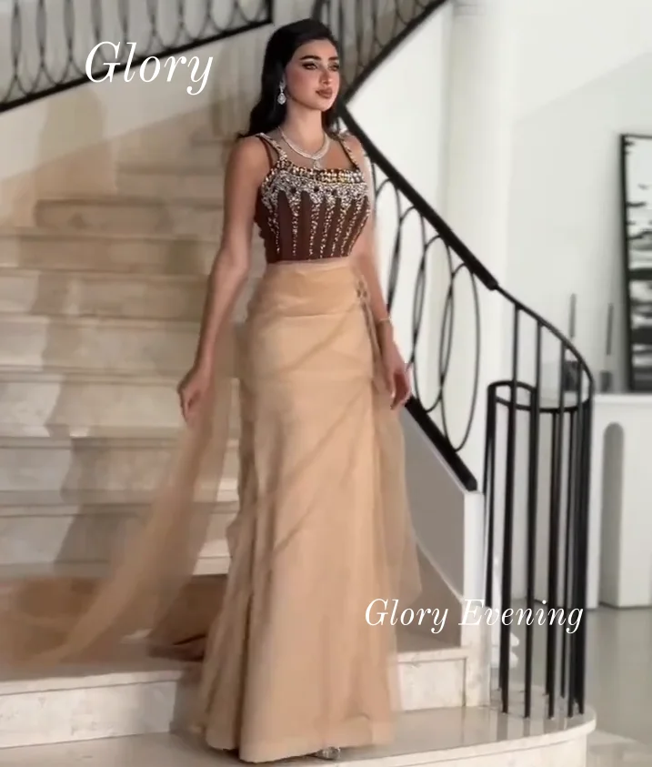 فساتين سهرة شيفون بكريستال بني مطوي فساتين لحضور الحفلات الموسيقية ترتر مطرز فستان عيد ميلاد سعودي فيستدوس دي غالا حسب الطلب