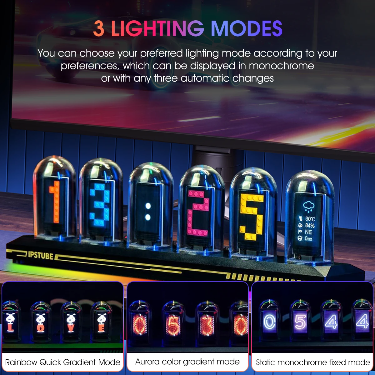 RGB Nixie-Röhren-Uhr mit IPS-Farbdisplay, Vollfarbige Neon-Glühröhre, Zeit-, Foto- und Wetteranzeige für Desktop-Dekoration – Detail 3