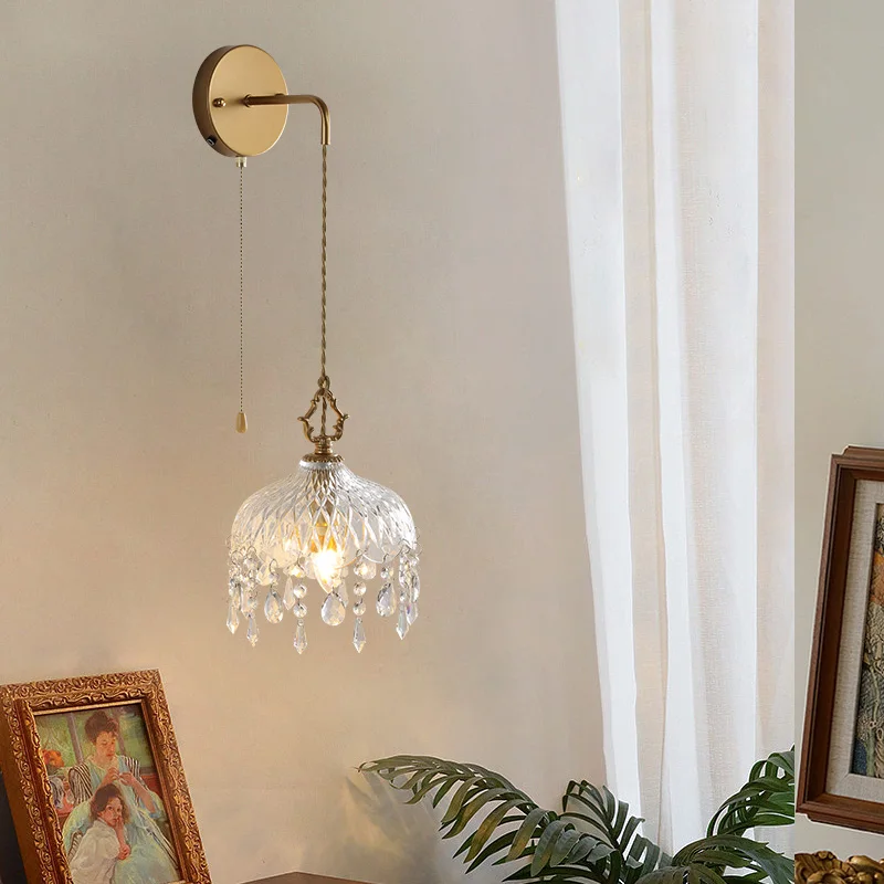 Contemporary Minimalist Living Room Pull Rope Wall Lamp Traditional Bedroom Bedside Crystal Pendant Light