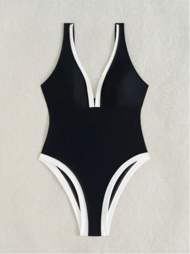 Cikini Women's Black & White Patchwork Plunge Neck Strap One Piece Swimsuit, Beach Summer Resort Wear