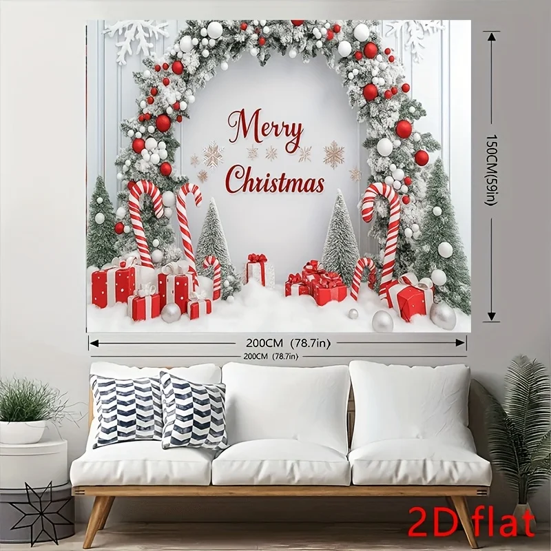 2D Flat, 1pc Snowy Pine Christmas Tree Cane Candy Gift Box Snowflake Decor Theme Polyester Tapestry, Suitable for Living Room Be