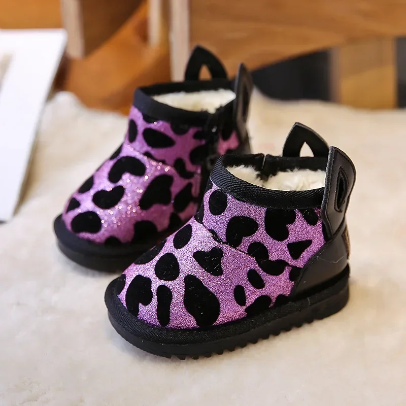 Botas de nieve con estampado de leopardo Para niño y niña, botines cálidos con orejas bonitas, de felpa, Invierno