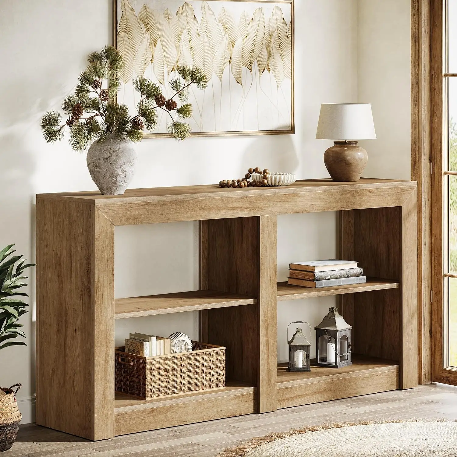 Farmhouse Console Table 3-Tier Storage Behind Couch Wood Entryway 4 Cubes Hallway Living Room 59in Oak, Customized