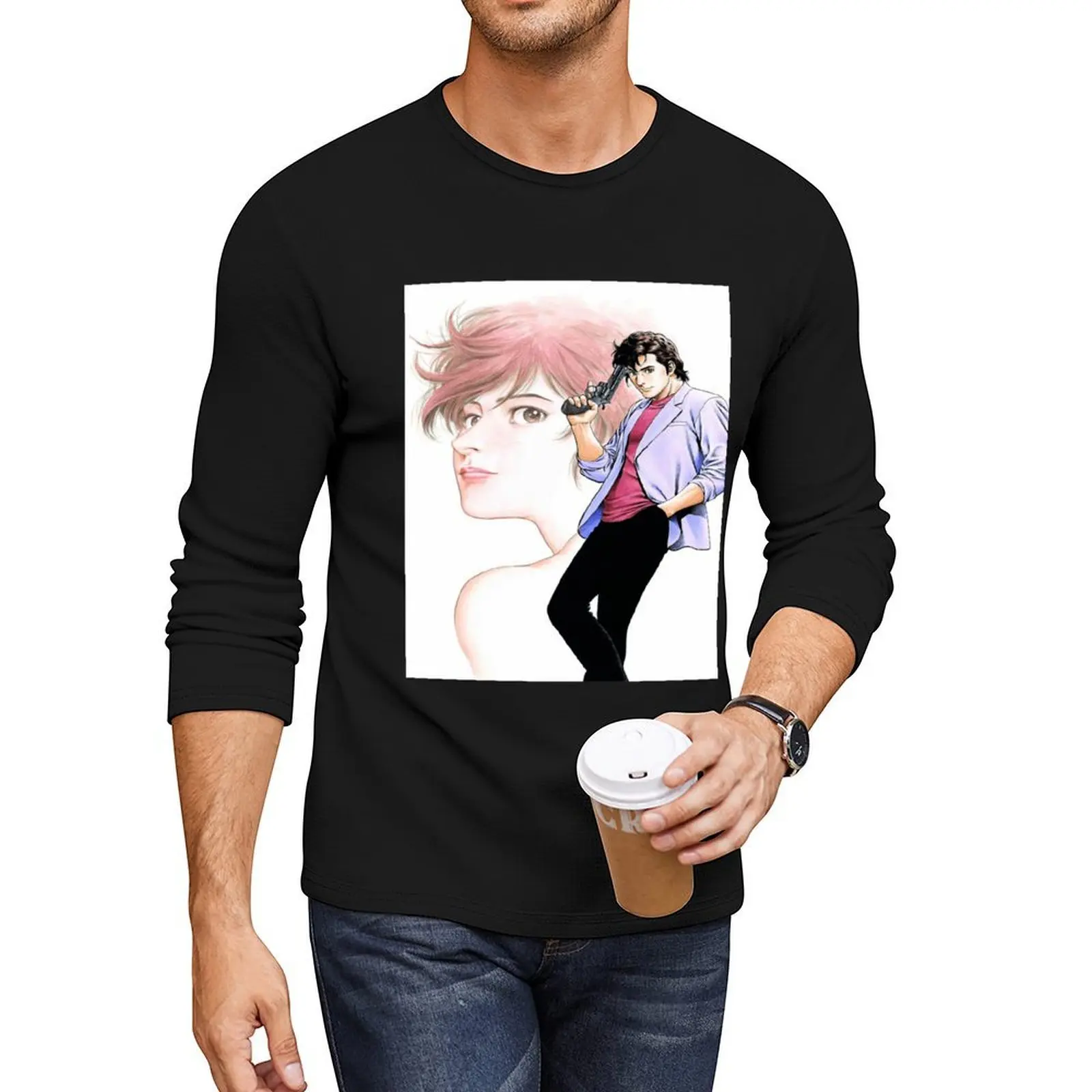 City Hunter (Nicky Larson) — длинная футболка Ryo Saeba & Kaori, быстросохнущая футболка, футболки по индивидуальному заказу, мужская хлопковая футболка