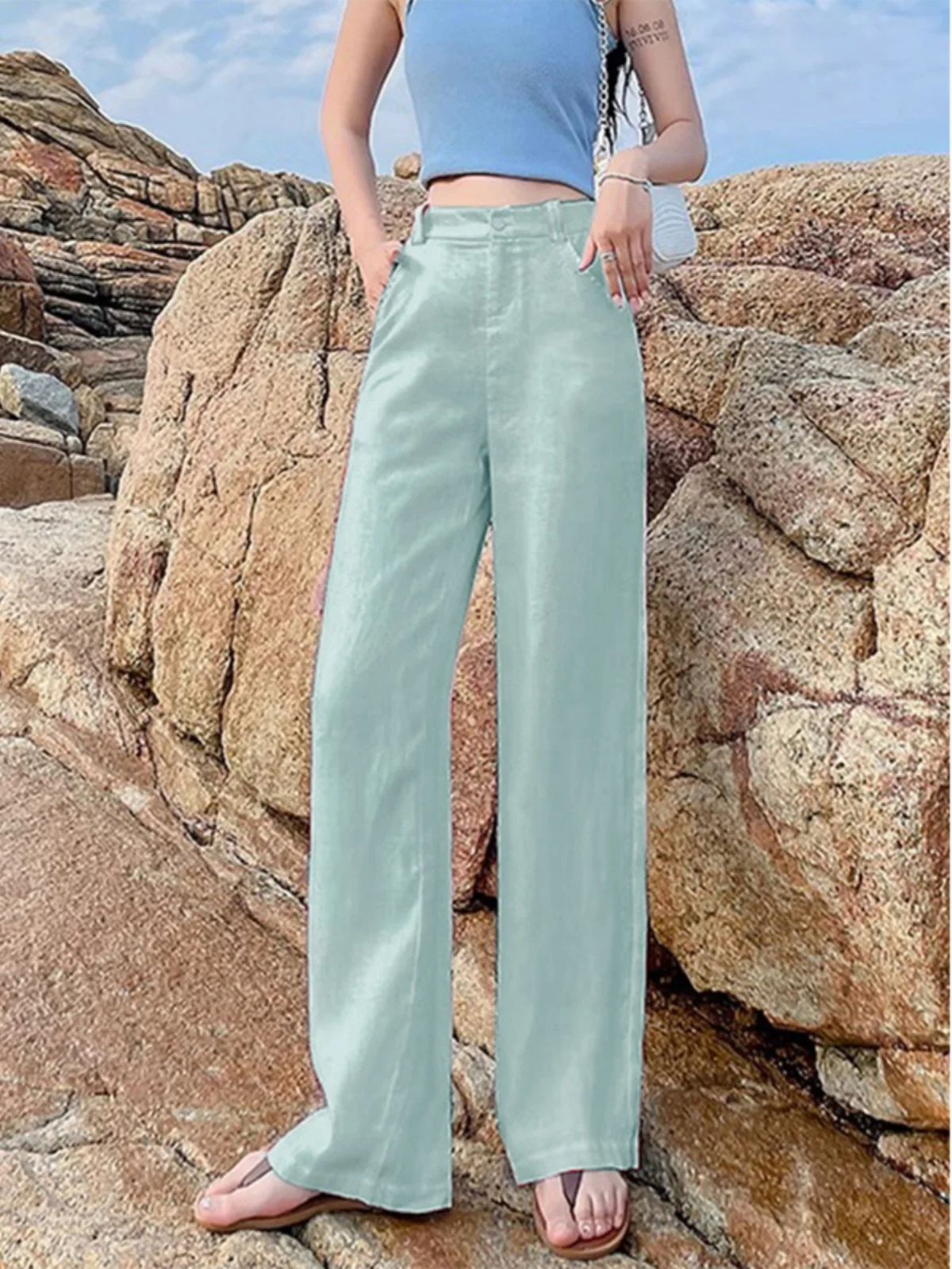 

High Waist Wide Leg Pants Women's Linen Summer Suit Pants Thin Casual Pants Straight Cut Pants Korean Style Commute