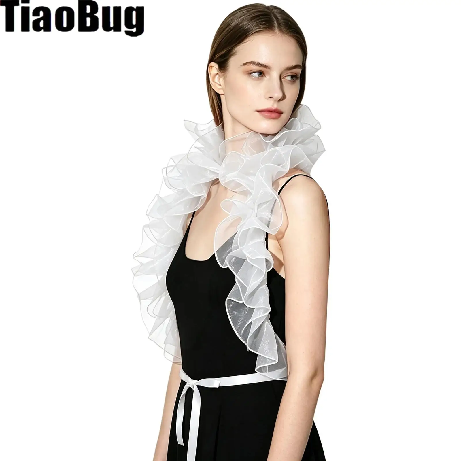 Ruffled Sheer Tulle Cape Shawl with Tie Straps Costume Accessories for Halloween Cosplay Party Masquerade