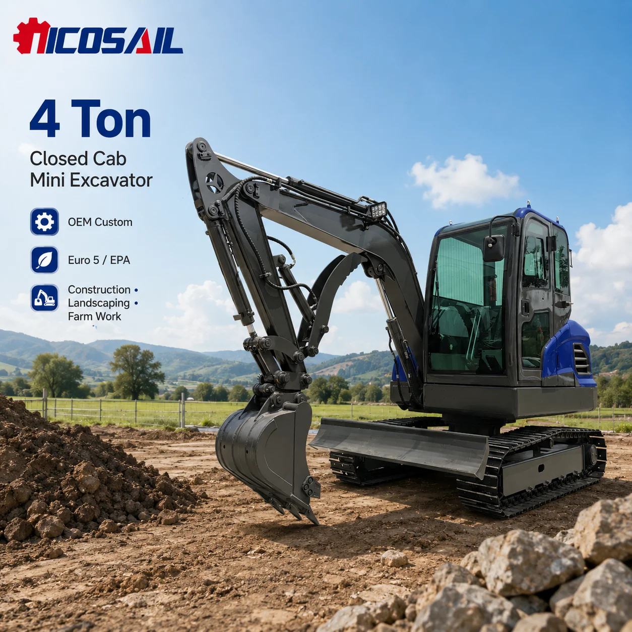4 Ton Closed Cab Mini Excavator OEM Custom Hydraulic Crawler Digger Euro 5 EPA for Construction, Landscaping and Farm Work