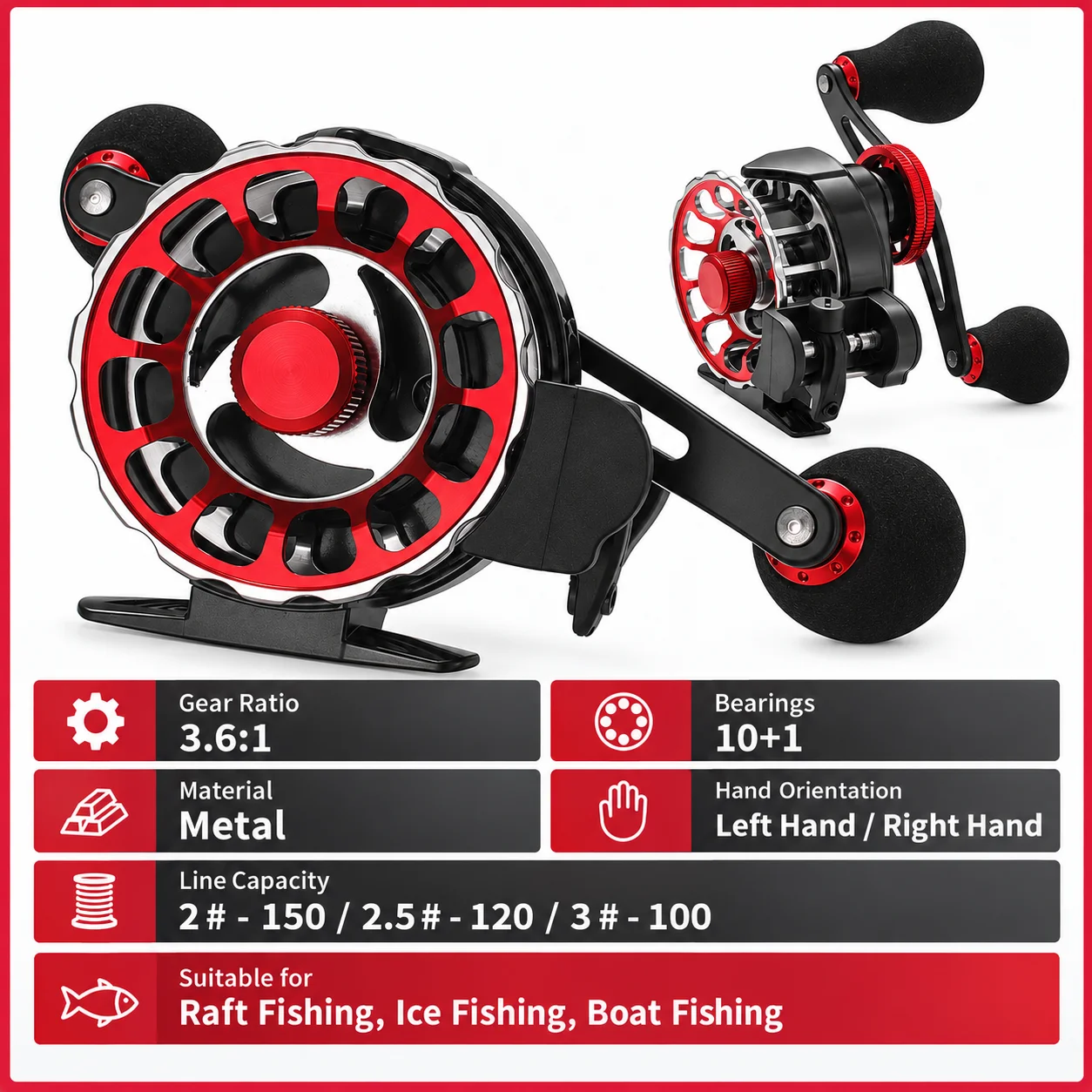 Automatic Level Wind Raft Fishing Reel 3.6:1 10+1BB Metal Micro Lead Left Right Hand Ice Boat Rock Fishing Reel with Line Switch