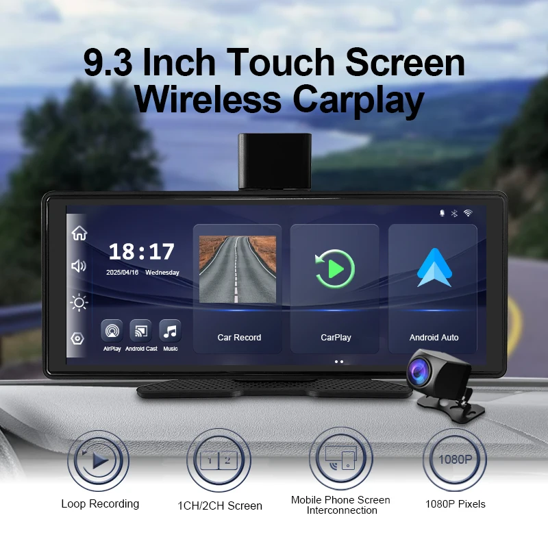 Carplay Screen-9.3 Inch  Front Rear Portable Touch Screen Wireless CarPlay Support  IOS Carplay & Android Auto  FM