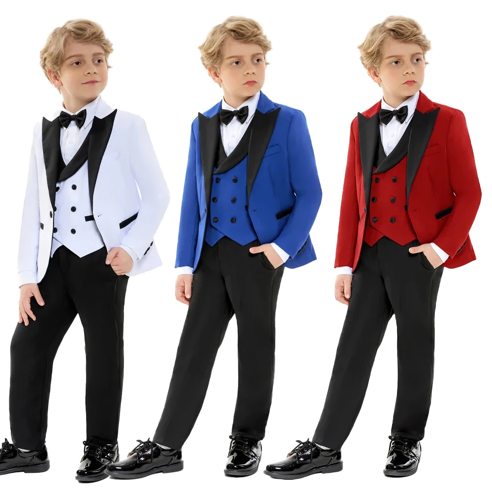 

Boys' Formal Suits Set With Contrast Lapel Blazer Double Breasted Vest Dress Shirt Bow Tie And Pants For Wedding Party