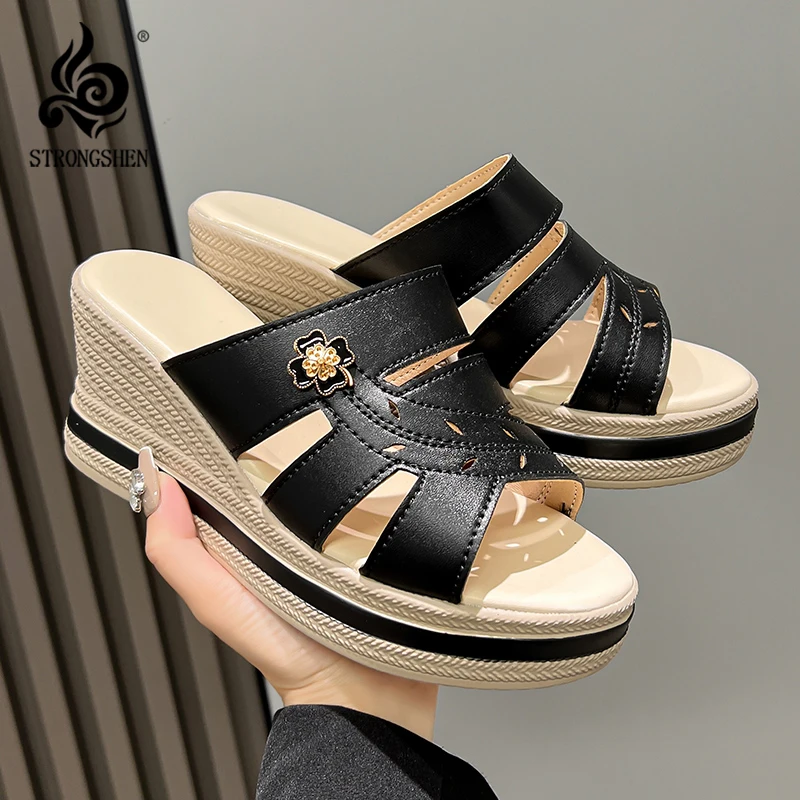 

STRONGSHEN Summer Women High Heels One-word Wedge Slippers Height Increasing 10cm Slides Outdoor Thick Sole Platform Sandals