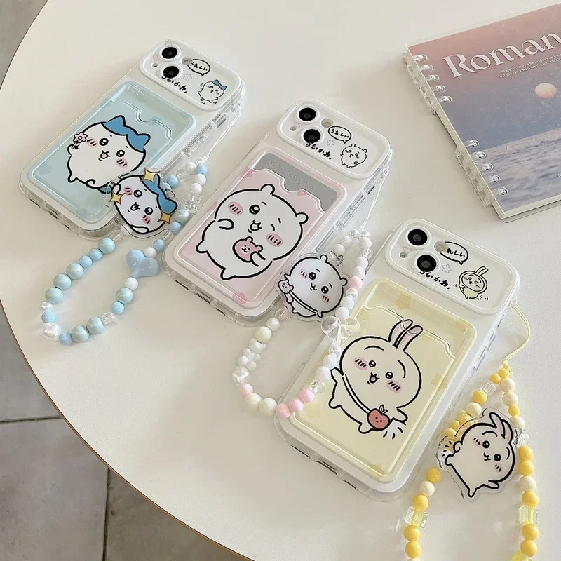 Cute Cartoon Japan Anime Sanrio Chiikawa Card Wallet Pocket Phone Case per iPhone 16 15 14 13 12 11 Pro Max Cover con cordino