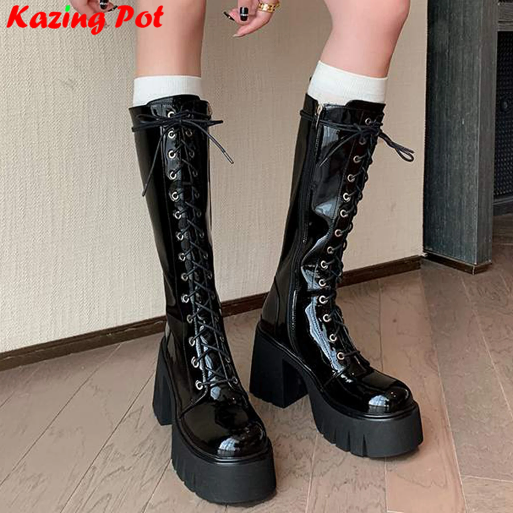 

Krazing Pot Cow Leather Chunky Heels Motorcycles Long Boots Warm Winter Shoes Casual Luxury Platform Party Women Knee-high Boots