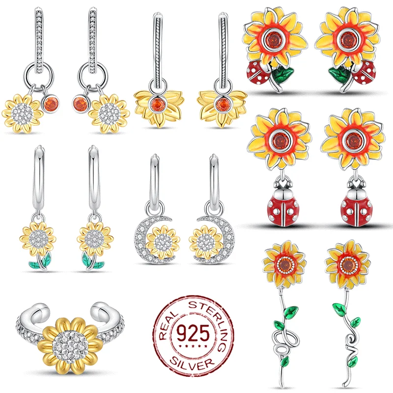 

Earrings for Women 100% 925 Sterling Silver Golden Sunflower Ladybug Pendant Earring Fine Wedding Engagement Party Jewelry Gifts