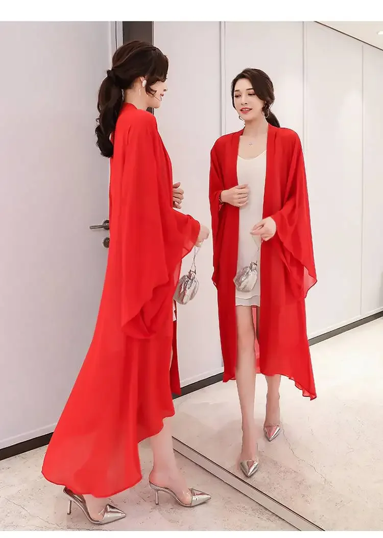

2025 Women Summer Long Sleeve Cardigan Beach Long Shawl Korean Fashion Black Chiffon Jacket Long Cardigan Oversized Coat