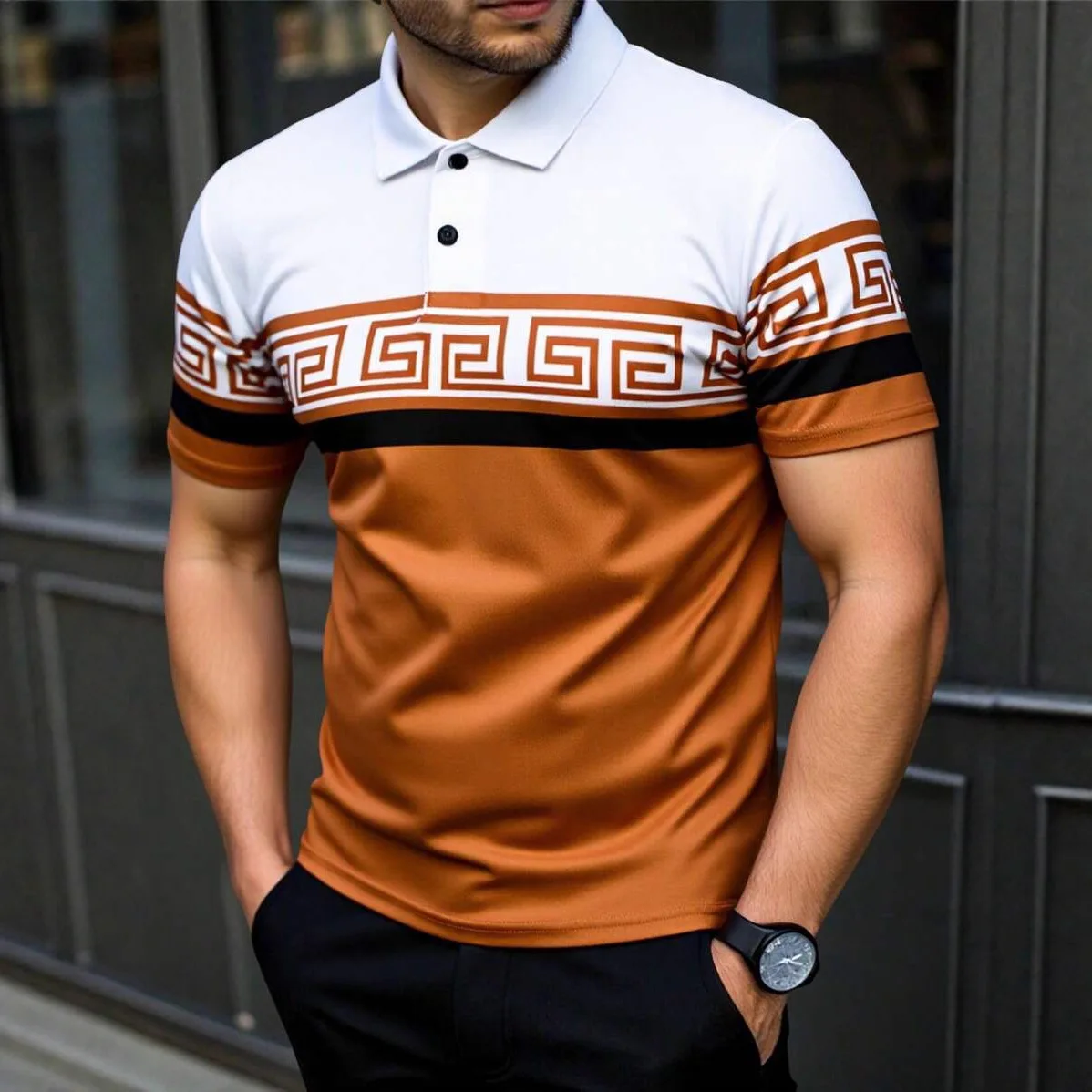 Summer New Men's Casual Polo Shirt Fashion Trend Flip Collar Button Stripe 3D Printed Retro Men's Comfortable Breathable T-shirt