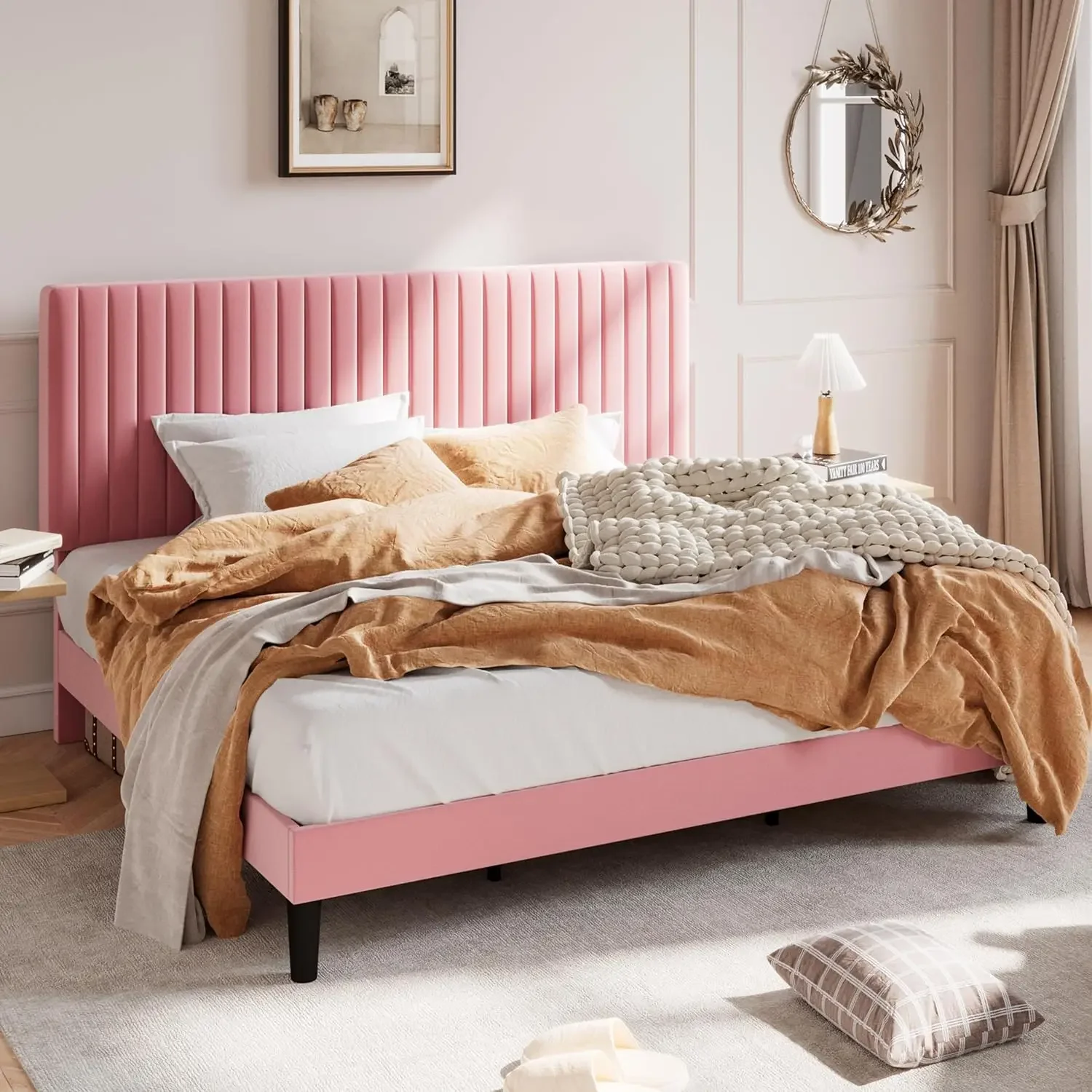 

Pink Upholstered Platform Bed Frame with Adjustable Headboard/Vertical Channel Tufted Velvet Fabric/Mattress Foundation