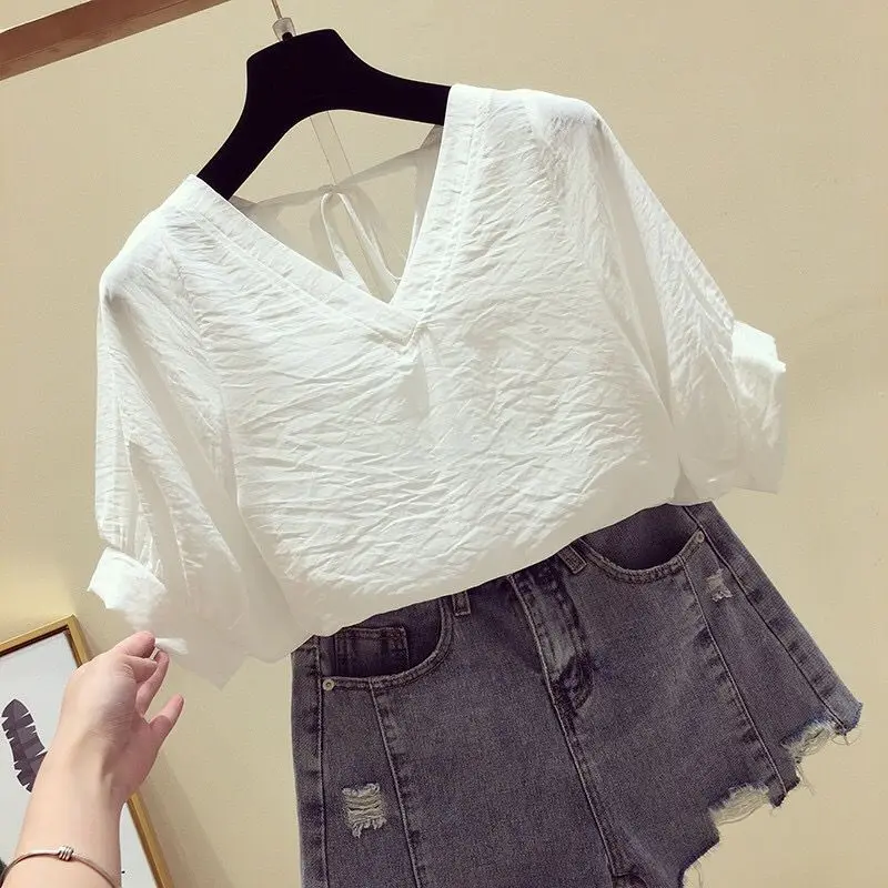 Summer V-neck Solid Chiffon Casual Tops Tees New Short Sleeve Thin Loose Hollow Lacing T-Shirts Vintage Casual Women Clothing