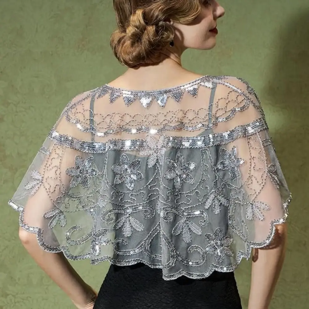 

Retro Sequins Poncho Coat Vintage Style Embroidery Sequins Tassel Shawls 1920s Theme Blingbling Sequins Evening Wrap