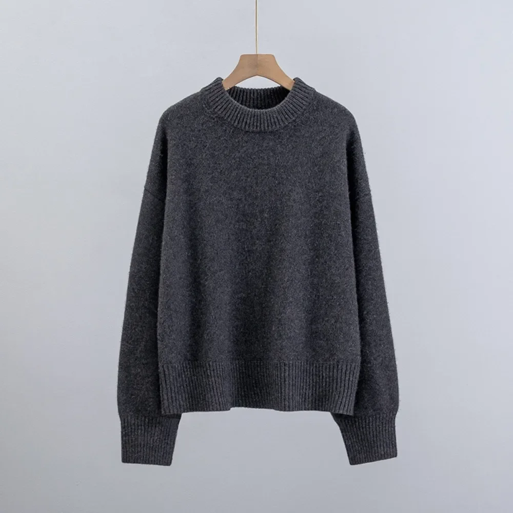 Thickened Pure Cashmere Crew Neck Back Stitching Design Pullover Sweater Women