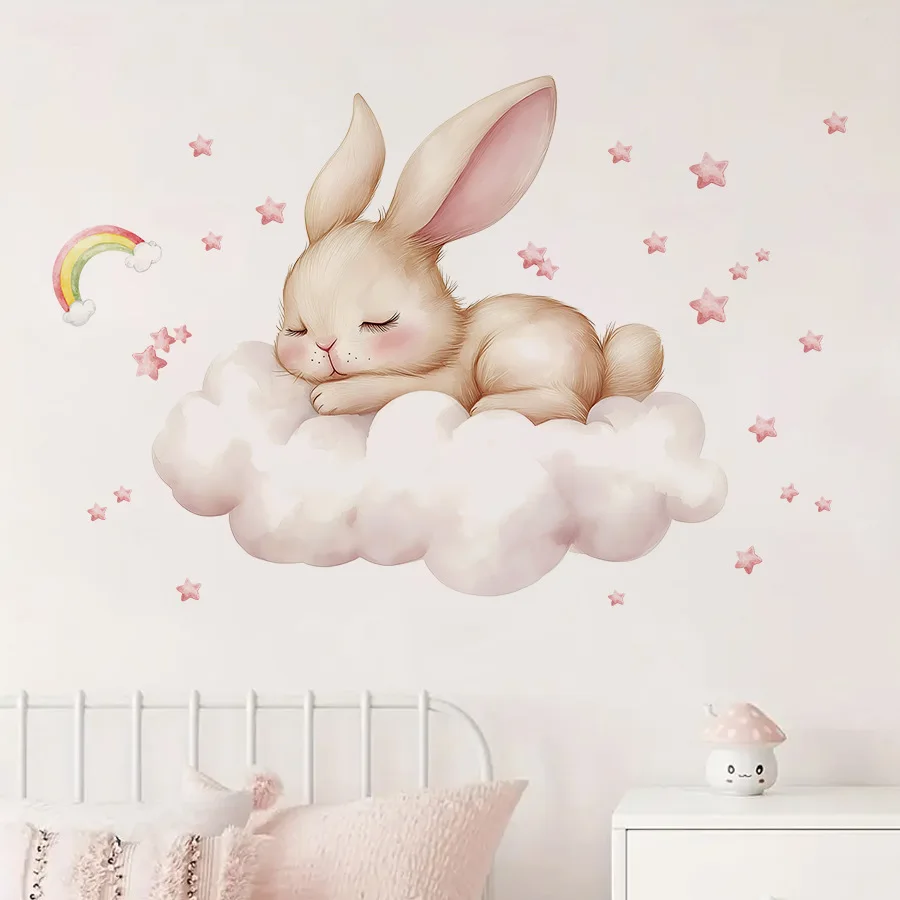 Cute Cartoon Rabbit Moon Star Cloud Wall Stickers for Bedroom Dorm Decor