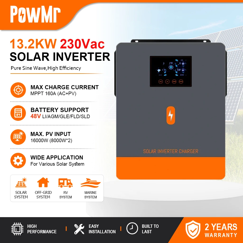PowMr 13,2KW 230Vac Hybrid-Solarwechselrichter 48V DC Reine Sinuswelle Eingebauter Dualer 8000W MPPT-Solarladeregler für netzunabhängige Heimsolaranlagen EU-Lagerbestand