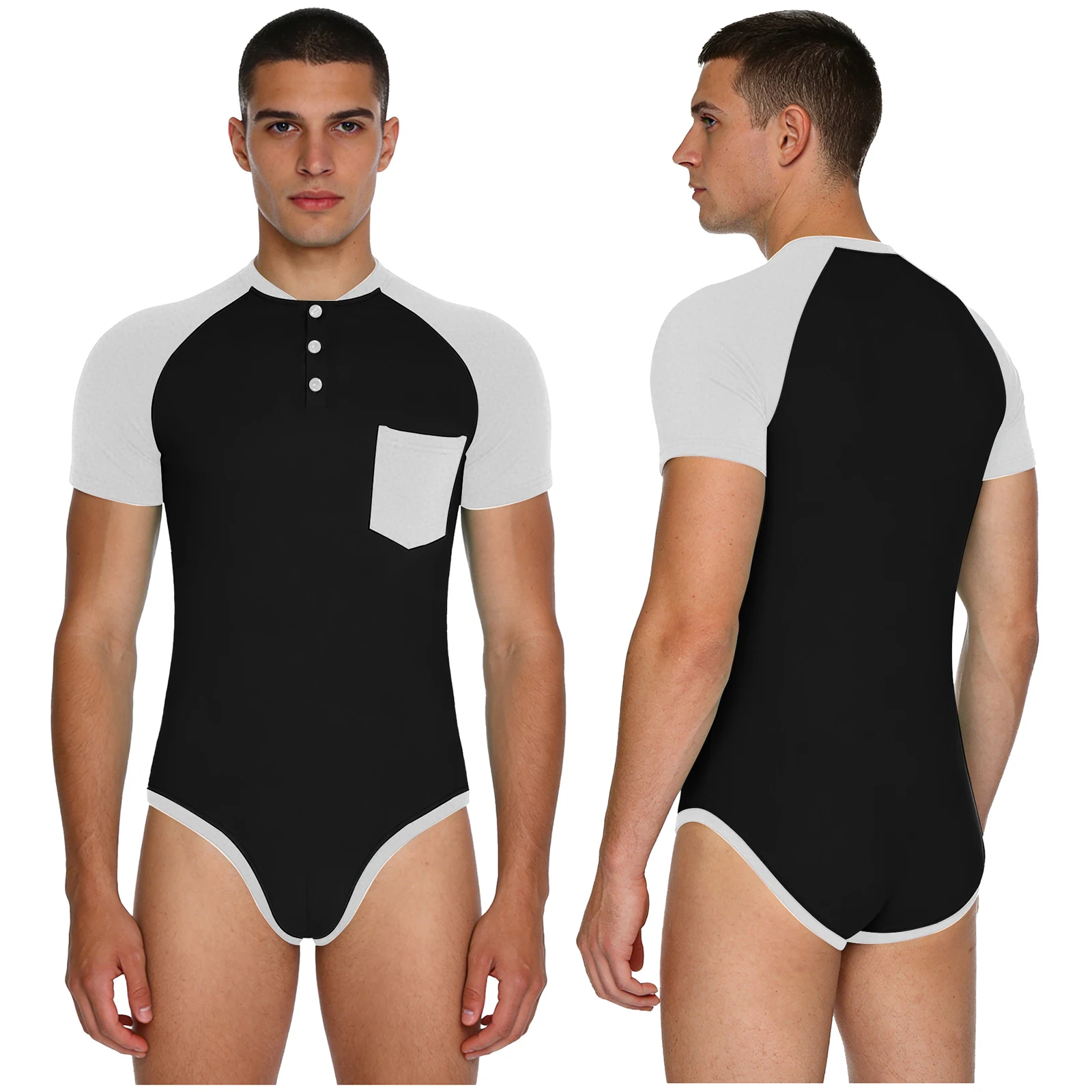 

Men Workout Fitness Gym Sport Bodysuit Short Sleeve Openable Crotch Patchwork Jumpsuit for Workout Gym Sports Swimming Outfits