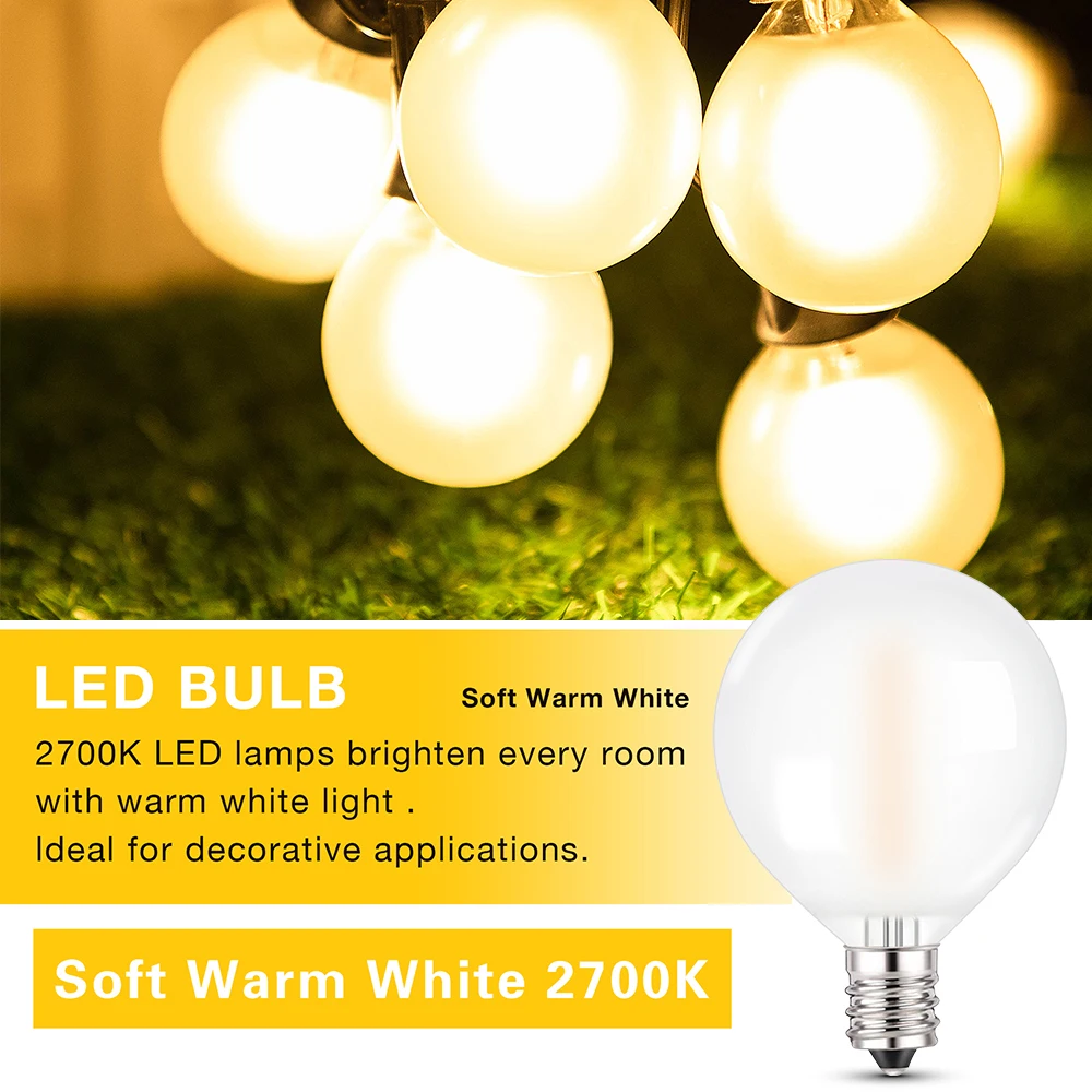 G40 E12 LED Filament String Light Replace Bulb 1W Frosted Glass 2700K Warm White 10W Equivalent Patio Wedding Party Home Decor